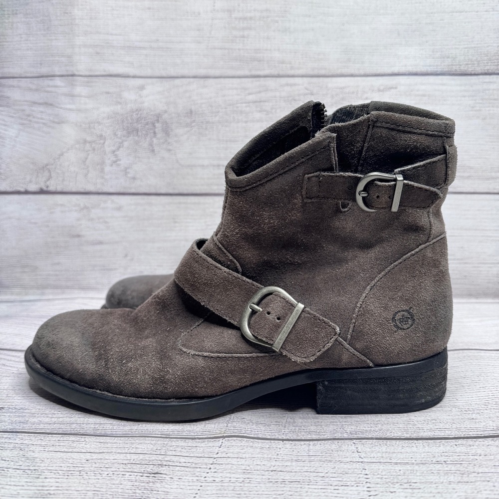 Born Kerri Dark Taupe Suede Moto Ankle Boots Buckle Side Zip F51042 Womens 8.5 M